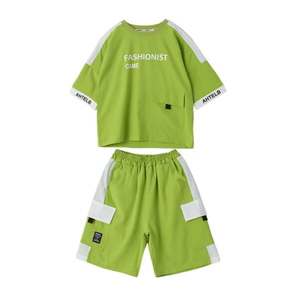 Summer Boys Patchwork Alphabet Half Sleeves T-Shirt Tops+Shorts Pant School Kids Tracksuit Child 2PCS Outfit Workout Set 5-16 Yr