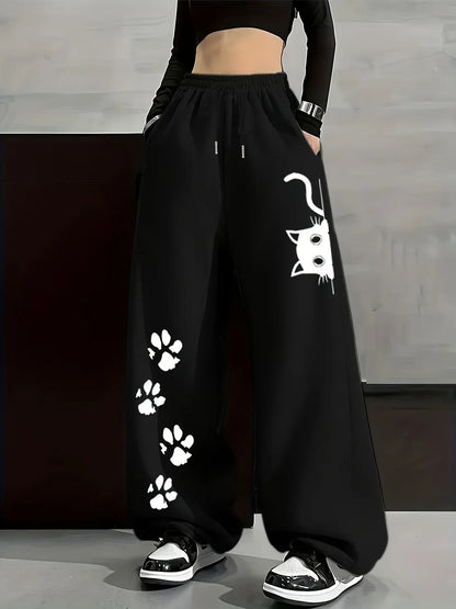 Women's Plus-size Street Style Casual Sweatpants with Cat Paw Print Autumn and Winter Fleece Loose Fit Streetwear Oversized