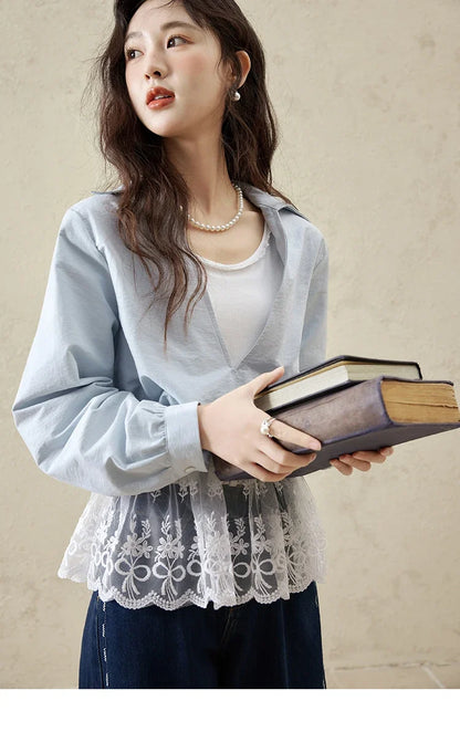 French Spring Shirts Women 2025 Long Sleeve Turn-down Collar Fake Two-piece Blouses Female Splicing Lace Tops MXE16C0783