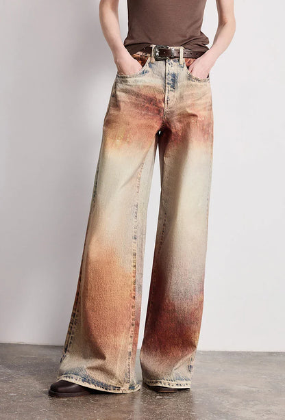 Women Jeans 2026 Spring New Wilderness Wasteland Style Mid Low Waist Loose Printed Wide Leg Pants