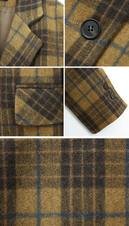 Women's Mid-Length Plaid Wool Coat 2025 Autumn Winter Arrival, Korean Style Warm Blazer, Trendy Yellow Brown Checkered Jacket