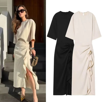Women's Dress New Pleated Slit Midi Dress Spring Sexy Elegant Women's Long Dress