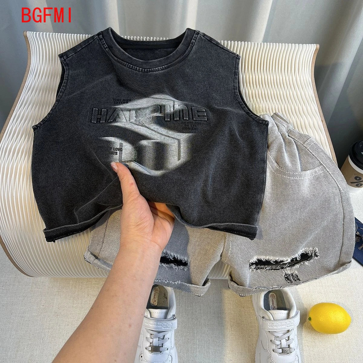 Korean Children's Summer Clothes Kids Set Outfits Boys 2026 Handsome Sleeveless&Short Sleeved T-shirt Denim Shorts 2-piece Set