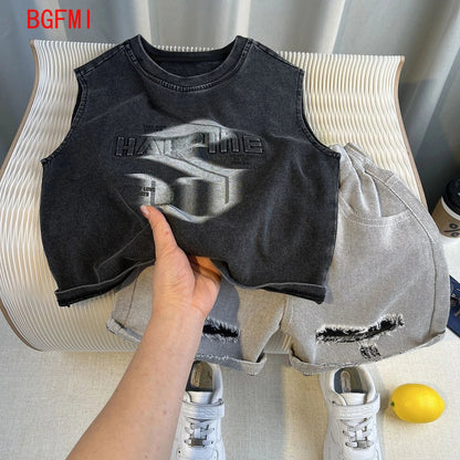 Korean Children's Summer Clothes Kids Set Outfits Boys 2026 Handsome Sleeveless&Short Sleeved T-shirt Denim Shorts 2-piece Set