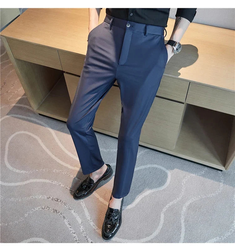 Mens Dress Pants Trousers 2025 Summer New Thin Breathable Solid Casual High Elastic Slim Fit Suit Pants Streetwear Men Clothing