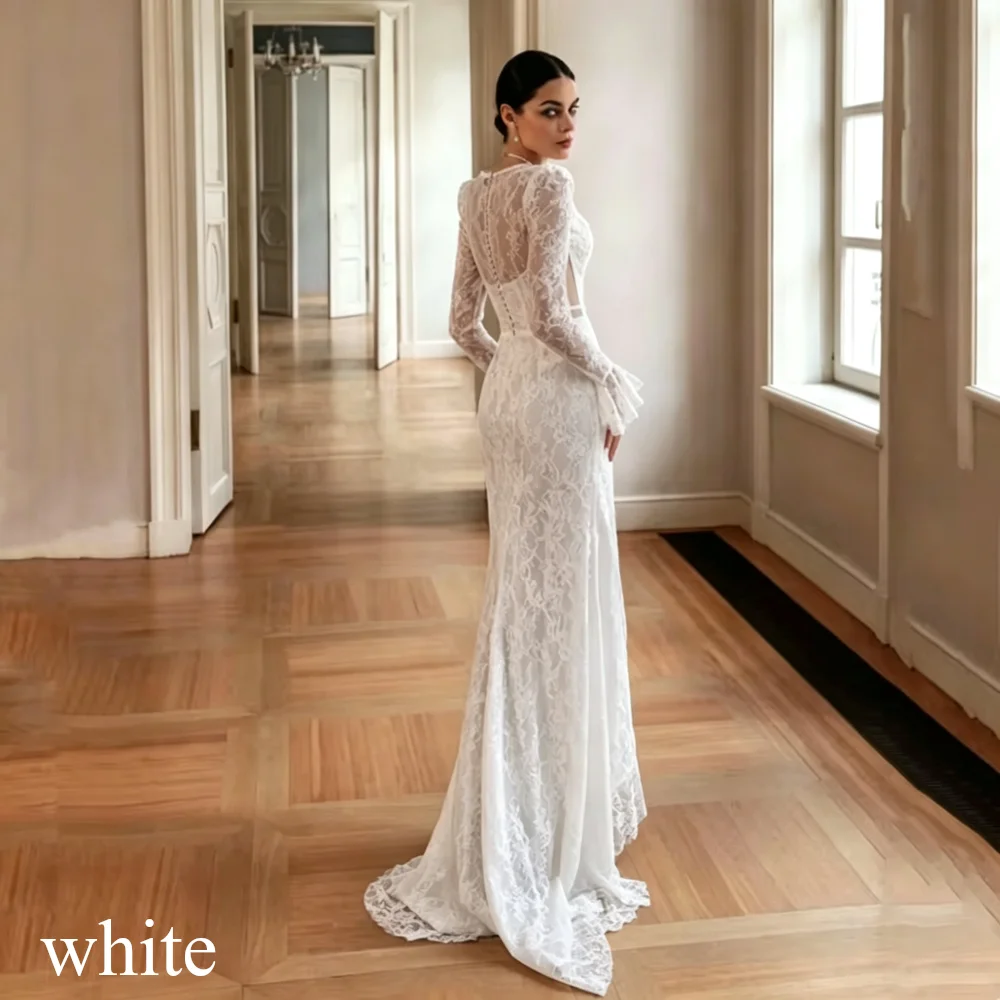 Boho Lace Appliques Mermaid Wedding Dress Simple Long Sleeves Sexy Deep V-Neck Cut-out Bridal Gown High Slit Vestidos Customized