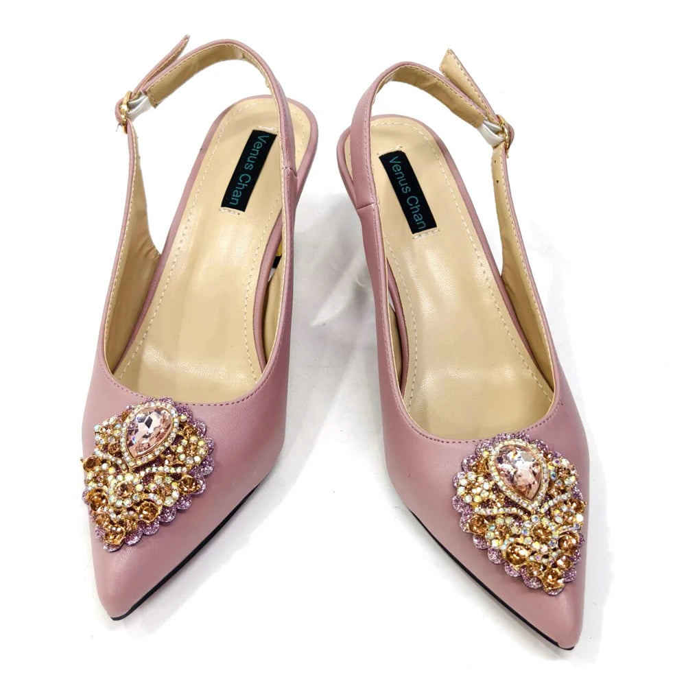 2024 Nigerian Women's Pink High Heel Frosted Crystal Shiny Rhinestone Party Italian Design Pointed Shoes And Bag Set