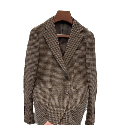 Vintage British Windsor Wool Suit Thick Autumn Winter Tweed Houndstooth Plaid Slim Fit Men's Blazer