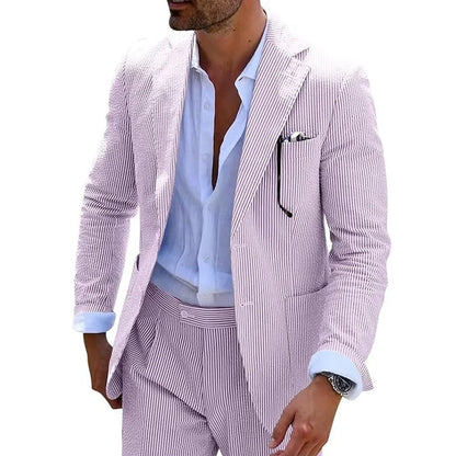 Summer Stripe Men Suits 2 Pieces Seersucker Notched Lapel Wedding Party Suit Jacket Pants Casual Blazer Slim Fit Suits for Men