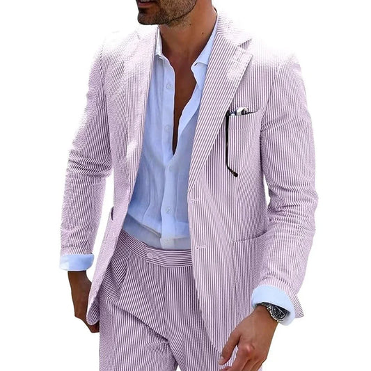 Summer Stripe Men Suits 2 Pieces Seersucker Notched Lapel Wedding Party Suit Jacket Pants Casual Blazer Slim Fit Suits for Men
