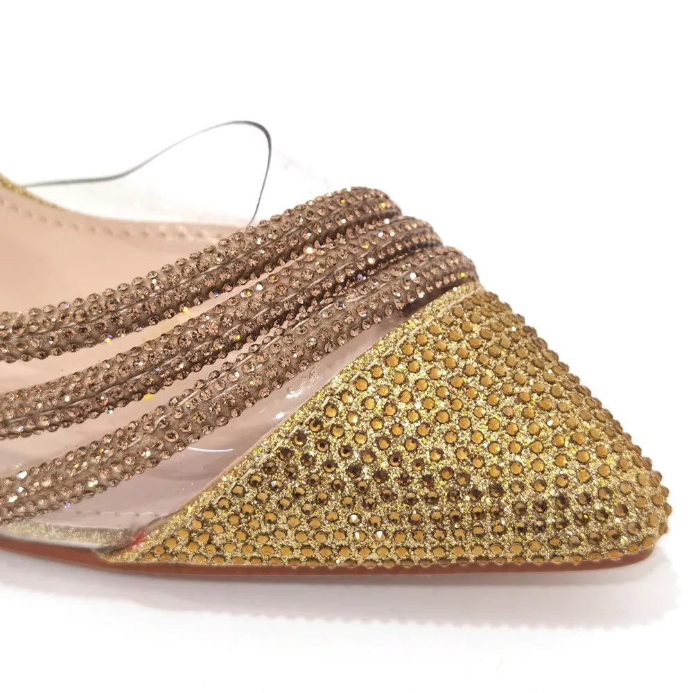 Italian Pointed Toe Wedding Shoes Gold Color Summer Sandal for Women 2023 High Heels Rhinestone Shoe and Bag Set