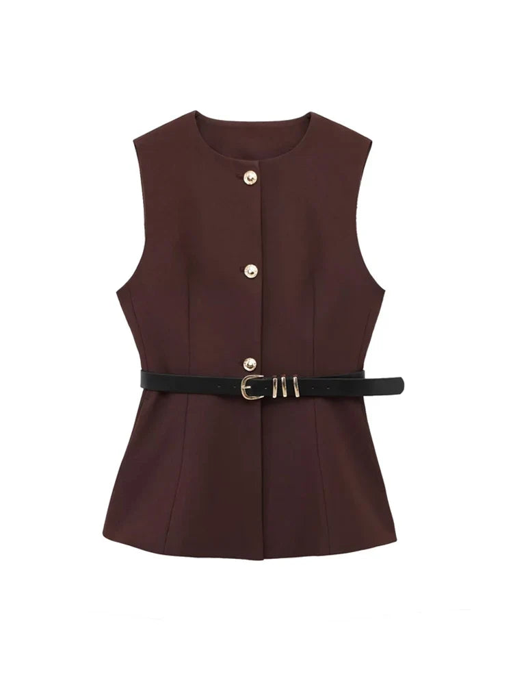 Women's Long Waistcoat with Belt, Front Gold Button, O Neck Sleeveless Vest, Female Outerwear, Chic Tops, Fashion