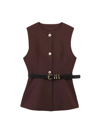 Women's Long Waistcoat with Belt, Front Gold Button, O Neck Sleeveless Vest, Female Outerwear, Chic Tops, Fashion