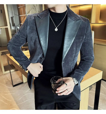 Splicing Leather Neck Fashion Suit Jacket Luxury Men's Business Slim Fit Social Formal Blazers Coats Wedding Groom Tuxedos 5XL-M