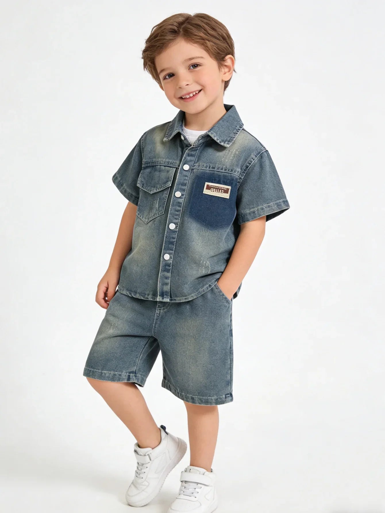 Breathable Kids Denim Two Piece Set, Soft Cotton Blend Toddler Boy Casual Outfit, Lightweight Vintage Washed Shirt + Shorts For