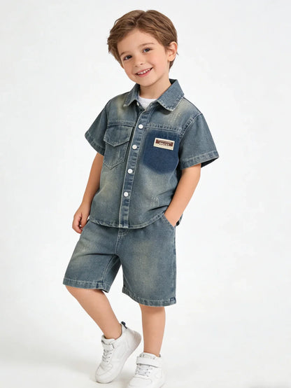 Breathable Kids Denim Two Piece Set, Soft Cotton Blend Toddler Boy Casual Outfit, Lightweight Vintage Washed Shirt + Shorts For