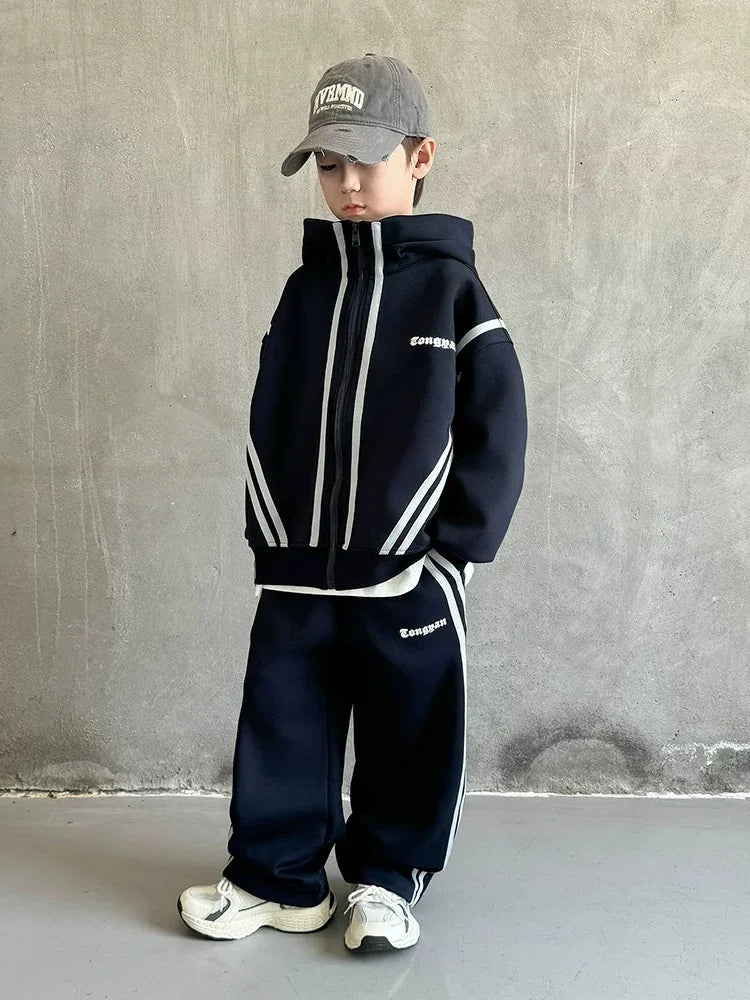 SpringAutumn Boys Navy Striped Zip Sweatshirt Jacket+Sweatpant Work Set School Kids 2PCS Tracksuit Children Jogger Outfit 5-16Yr