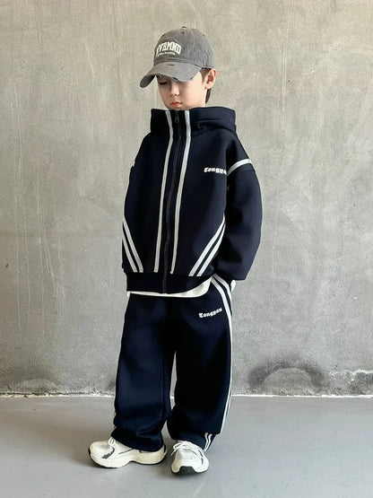 SpringAutumn Boys Navy Striped Zip Sweatshirt Jacket+Sweatpant Work Set School Kids 2PCS Tracksuit Children Jogger Outfit 5-16Yr