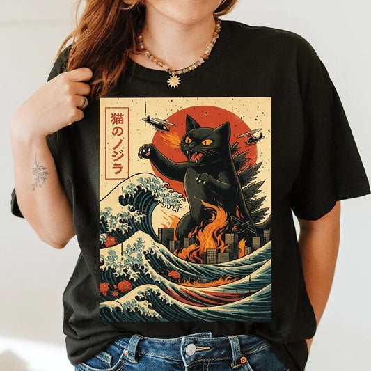 Japanese Cat Printed T-shirts Women Manga Graphic O-Neck Tops Harajuku Tee Female Clothing Fashion Top