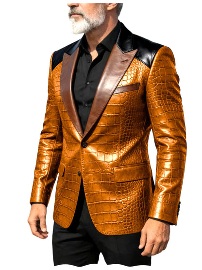 Men's Crocodile Embossed Leather Blazer Luxury Patchwork PU Leather Suit Jacket Slim Fit Peaked Lapel Casual Business Outerwear