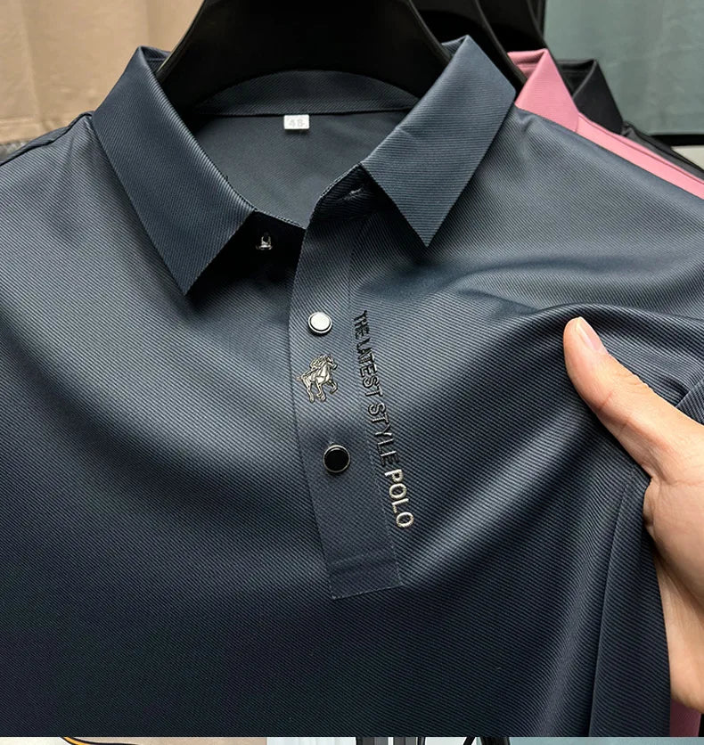 High quality silk breathable short sleeve POLO shirt men's lapel top 2024 summer new light luxury brand printed casual T-shirt