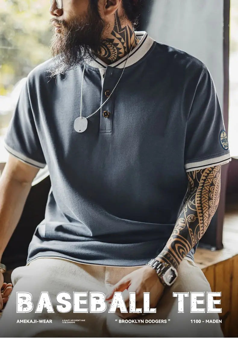 Maden Men's Vintage Baseball Short Sleeve Henley Shirt Heavyweight Contrast Embroidered Tee 100% Cotton Retro Summer T-shirts