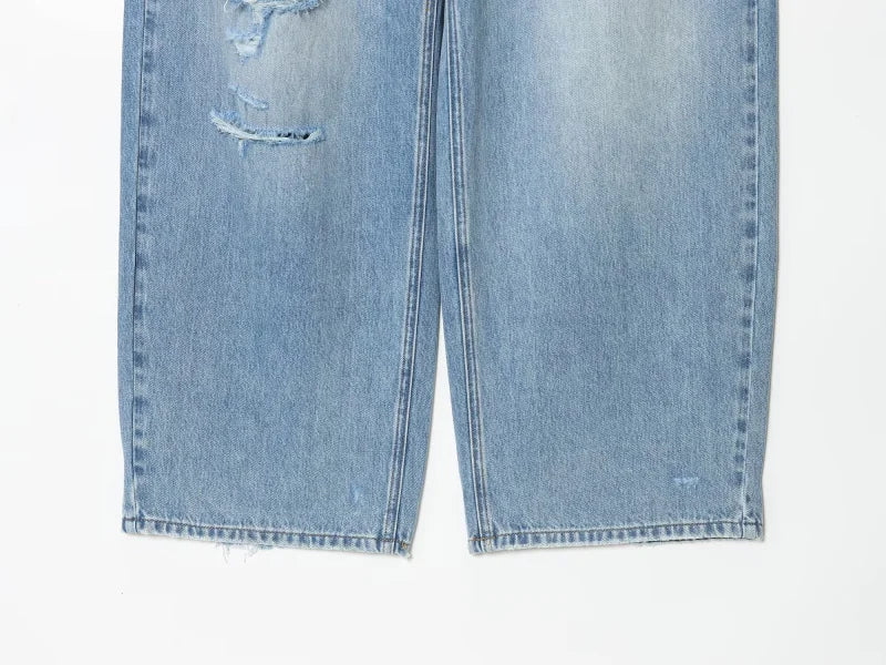 2025 women's new street fashion fold waist mid waist washed ripped jeans loose version of the floor-length pants