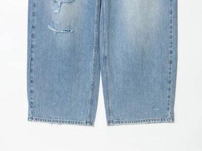 2025 women's new street fashion fold waist mid waist washed ripped jeans loose version of the floor-length pants