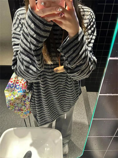 Autumn Women Harajuku Striped T Shirt Long Sleeve O-Neck Casual Oversize Top Femme Streetwear Black Grey Loose Street Tops Y2K