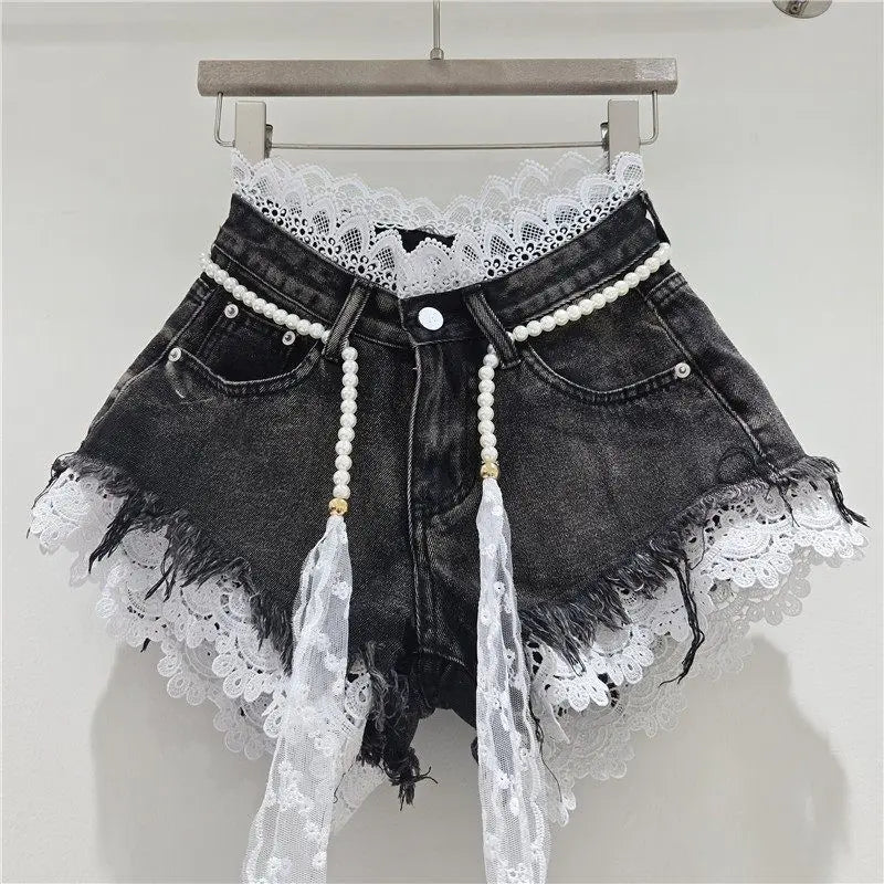 2026 Summer Denim Shorts New Splicing Hook Flower Lace Lace with Waist Rope Tassel Denim Shorts Women's Hot Pants Trend