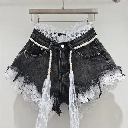 2026 Summer Denim Shorts New Splicing Hook Flower Lace Lace with Waist Rope Tassel Denim Shorts Women's Hot Pants Trend