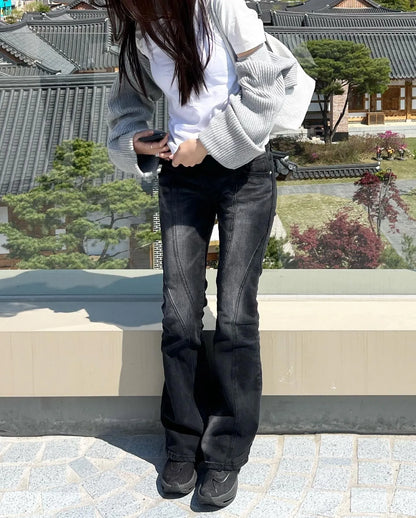 Karrram Vintage Distressed Low Waist Jeans Grunge Asymmetrical Waist Denim Pant Korean Fashion Black Flare Jeans Kpop Streetwear