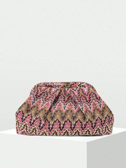 New Bohemian Style Retro Jacquard Pleated Cloud Clutch Bag, Niche Design with a High-End Feel, Elegant Socialite Evening Bag, Versatile Commuter Makeup Bag, Exclusively for Women (Random Patterns)