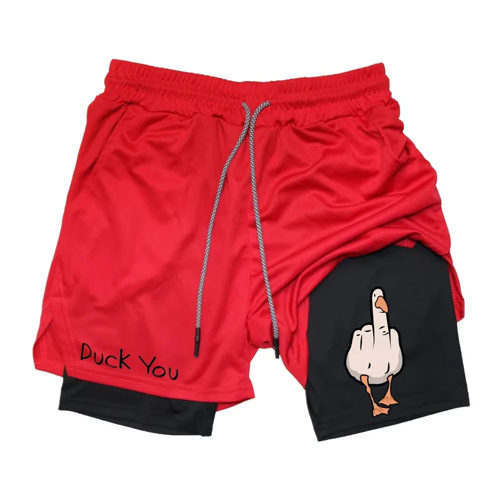Cartoon Duck Print Men's Shorts Summer Double Layer Letter Print  Quick Drying Pants Fitness Tracksuit Beach Short Pants