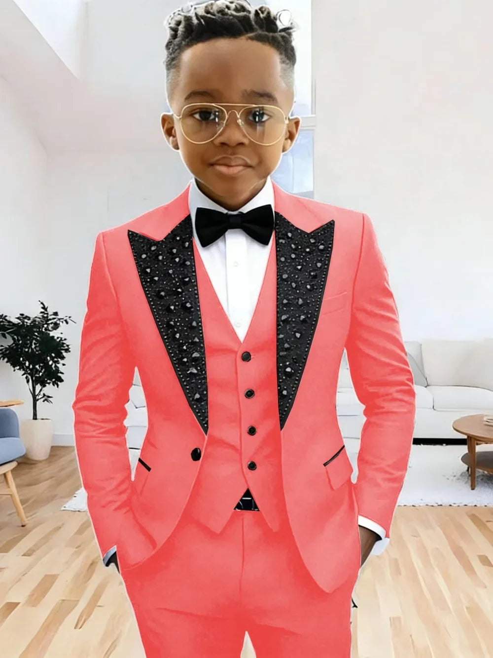 Boys Luxury Beaded Suit Set 3 Pieces For Evening Party High Quality Peak Lapel Suits Piano Performance Wear Elegant Plus Size