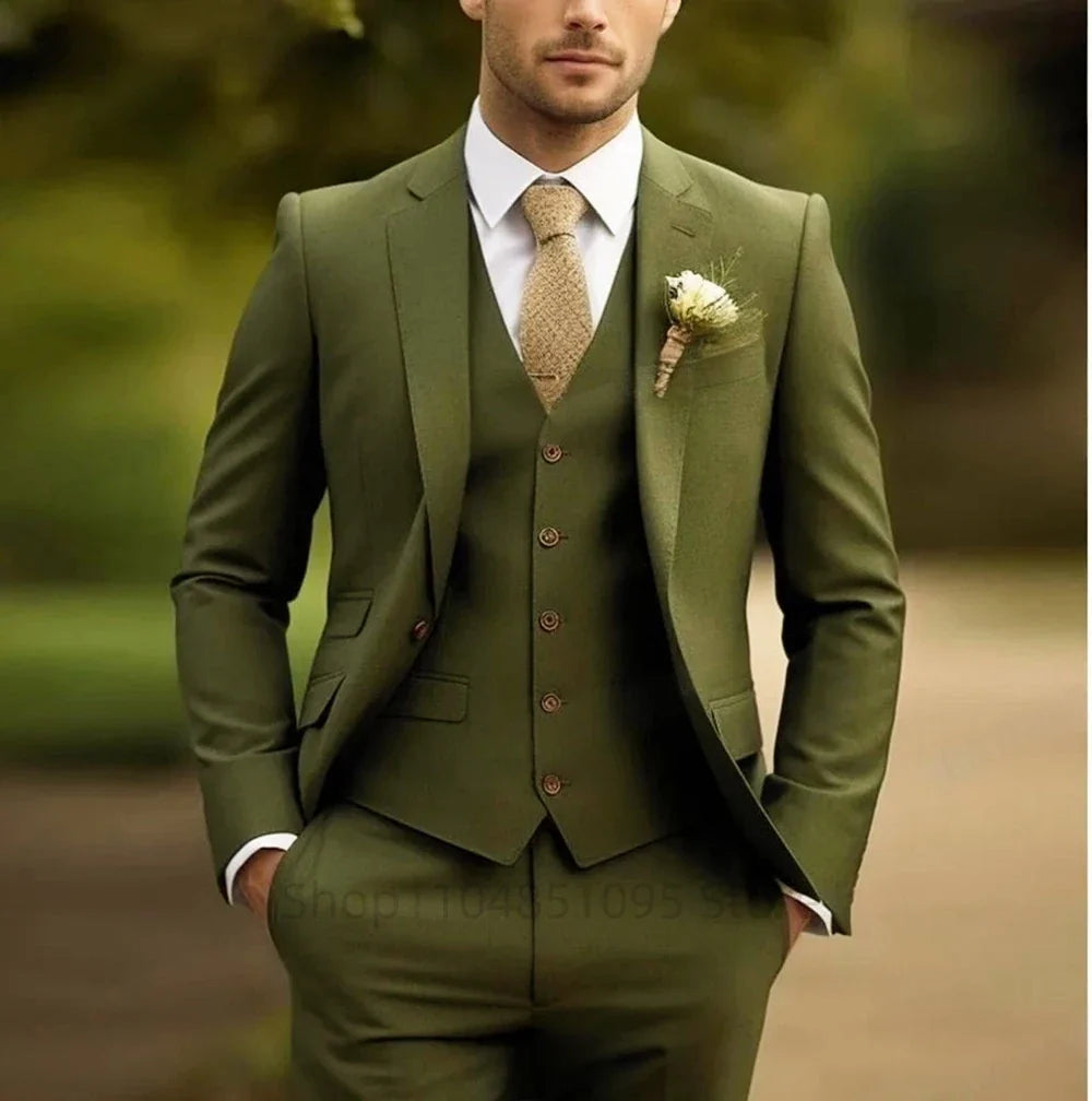 Elegant Gray Men's Suit Slim Fit Fashion Wedding Tuxedo 3 Piece Two Buttons Peak Lapel Blazer Vest Pants for Party Homme Costume