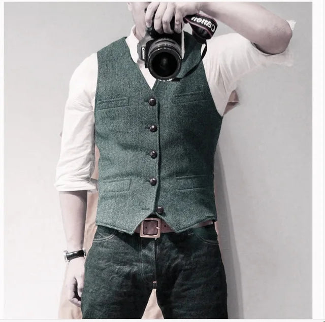 Mens Suit Vest Tweed Retro V Neck Wool Herringbone Waistcoat for Prom Single Breasted Males Dress Suit Vest Plus Size
