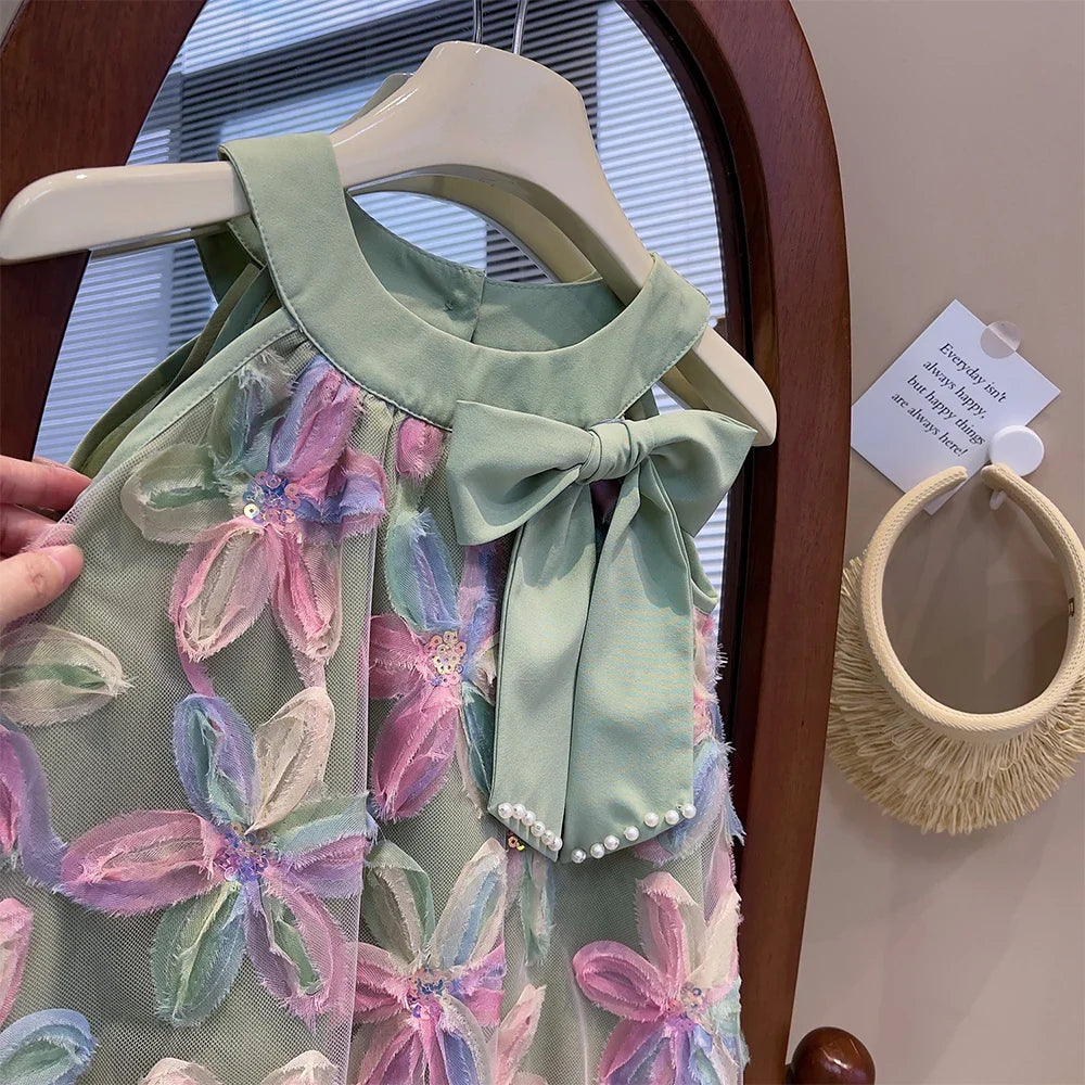 Bear Leader Girl Dress 2025 Summer New Girl Dress Princess Dress Little Girl Fashion Colorful Flower Yarn Dresses Kid Clothes