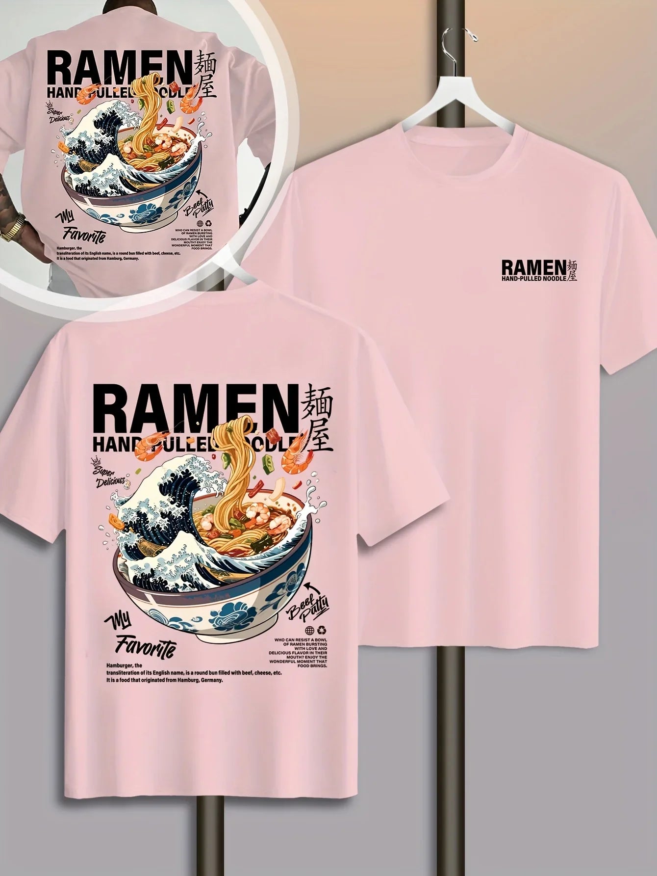 Men New Summer Casual Street Style T-shirt Japanese Waves Ramen Pattern Suitable for Daily Wear 100% Pure Cotton Soft Material
