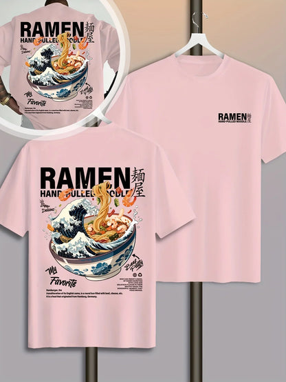 Men New Summer Casual Street Style T-shirt Japanese Waves Ramen Pattern Suitable for Daily Wear 100% Pure Cotton Soft Material