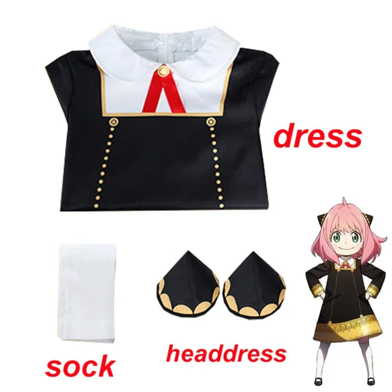 Anime SPY X FAMILY Anya Forger Cosplay Costume Black Dress Uniform Child Girls Pink Wig Stockings Party Role Outfit Adults Kids