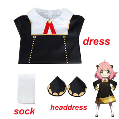 Anime SPY X FAMILY Anya Forger Cosplay Costume Black Dress Uniform Child Girls Pink Wig Stockings Party Role Outfit Adults Kids