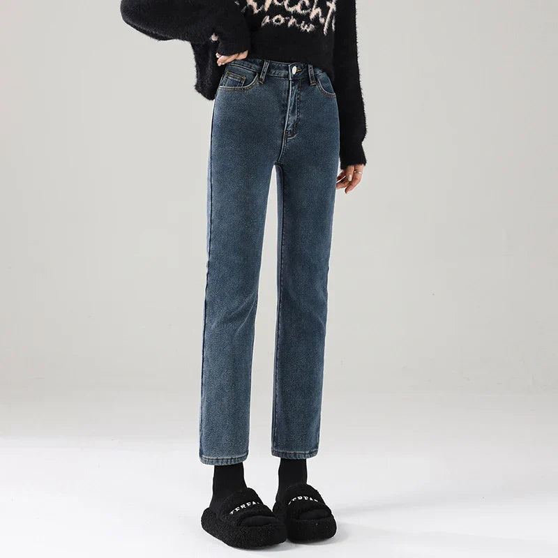Winter Warm Jeans Women's Thickened Soft Comfortable Elastic Denim Pants Fashion Korean Straight Female Velvet Warm Clothing