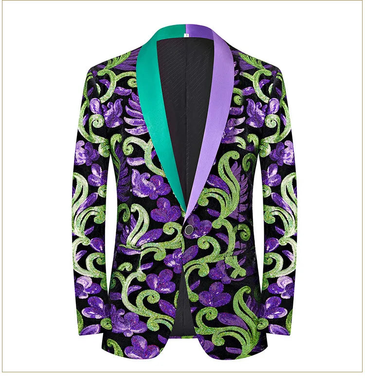 2024 New Flat Velvet Large Flower Sequin Jacquard Mens Blazer, Purple  Stage Performance Suit Dress, Host Fashion Show Jacket