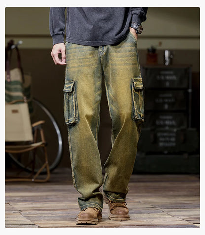 Autumn and winter new styles Men's outdoor multi-pocket cargo jeans Straight loose casual stretch fashion jeans for men