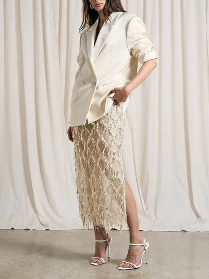 Elegant Club Party Perspective Half Skirt Tassel Sequin Spring Summer Skirt Fashion High Waisted Solid Color Women's Long Skirt