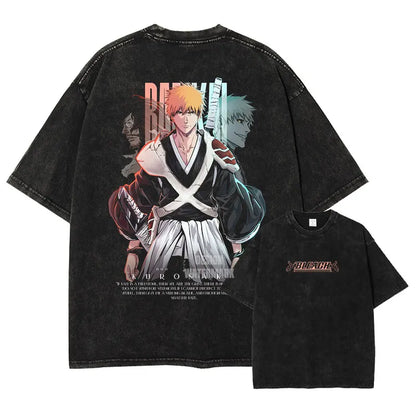 Japan Anime Bleach Aizen Sousuke Graphic Tee Men Oversized Washed Tshirts Manga Casual T Shirt Harajuku Male Cotton T-shirt