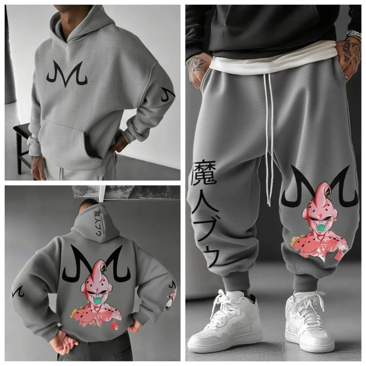 Majin Buu Hoodie Pants Set Anime Cotton Loose Fit Graphic Print Streetwear Casual Sweatshirt Joggers Japanese Cartoon Character