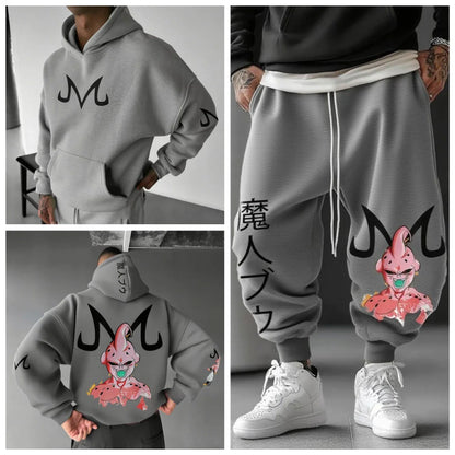 Majin Buu Hoodie Pants Set Anime Cotton Loose Fit Graphic Print Streetwear Casual Sweatshirt Joggers Japanese Cartoon Character