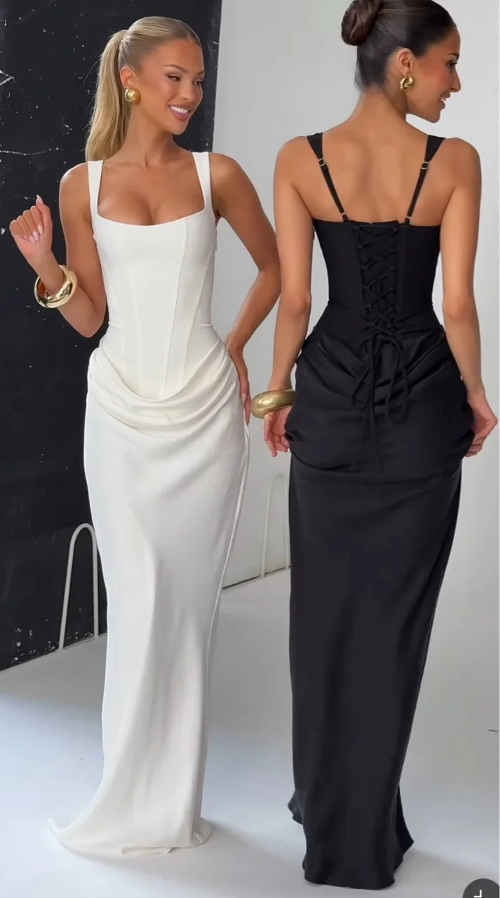 White Women's Maxi Dress Elegat Lace Up Dress Slim Formal Wedding Guest Party Dress